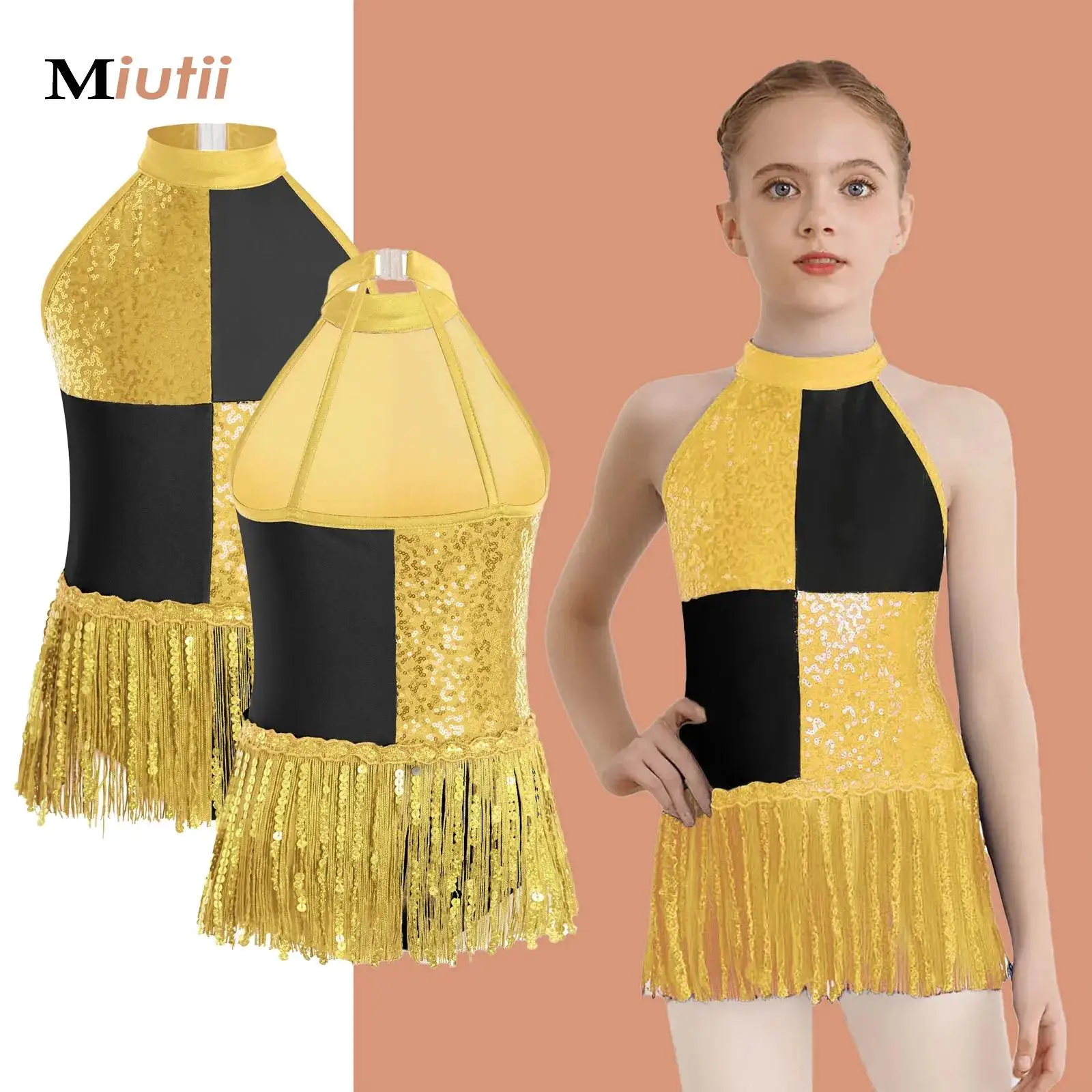 

Girls Color Block Latin Dance Costume Latin Leotards Dresses for Girls Sequined Jazz Tango Chacha Rumba Dress Stage Dancewear