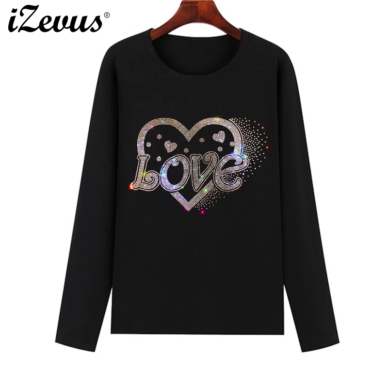 

Hot Europe and the United States popular fashion hot drill women's fall long-sleeved T-shirt super shiny love casual T-shirt