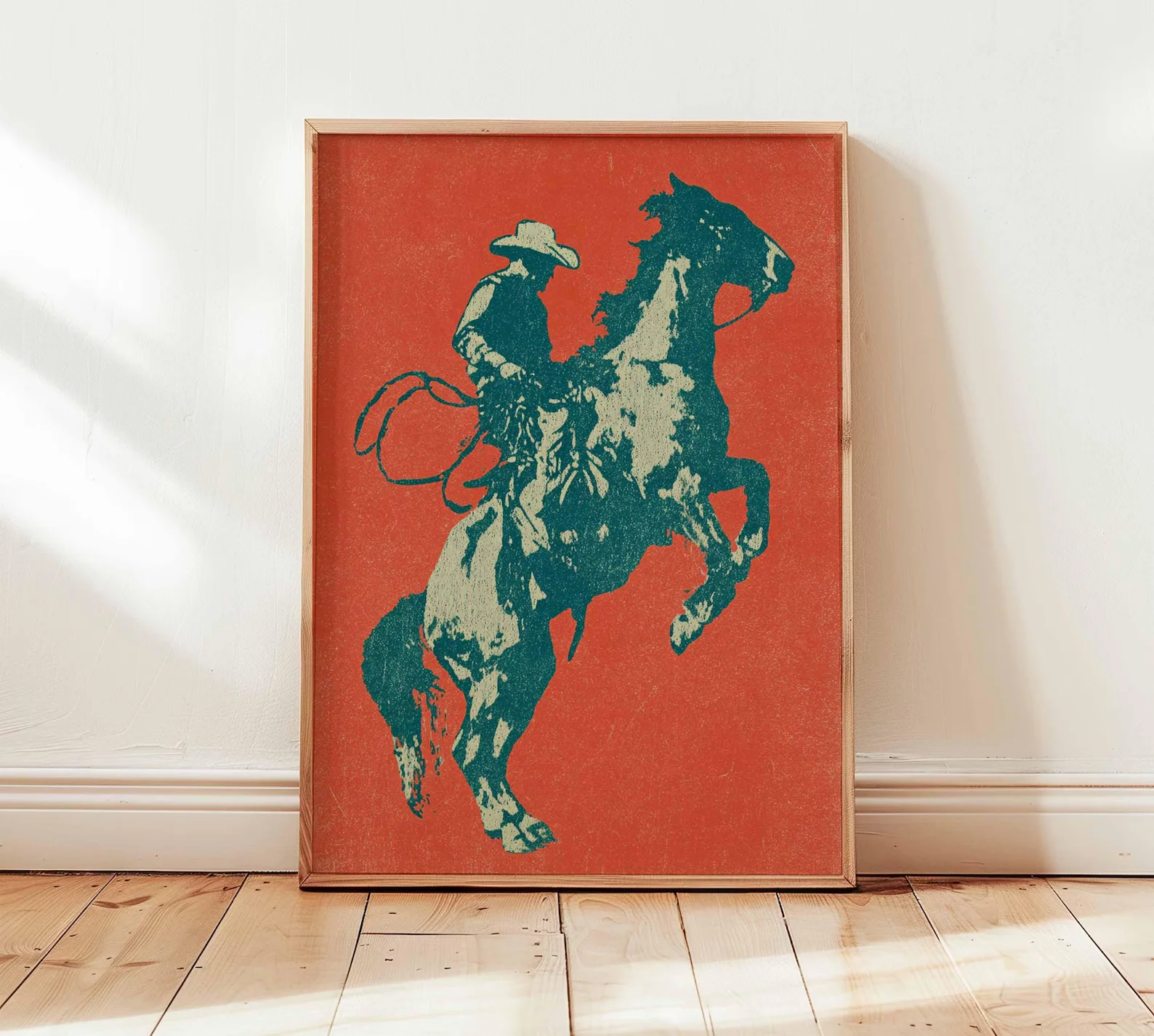 Cowboy Poster, Western Wall Art, Rustic Horse Rider Print, Vintage Rodeo Decor, Bold Red Minimal Design, Americana Country Artwo