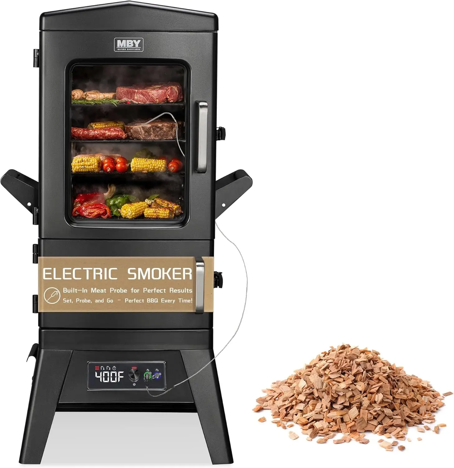 

Large Vertical Electric Smoker Grill 633 sq in 4 Rack BBQ Smoker with Built in Meat Probe Wood Chip Loader Weather Resistant
