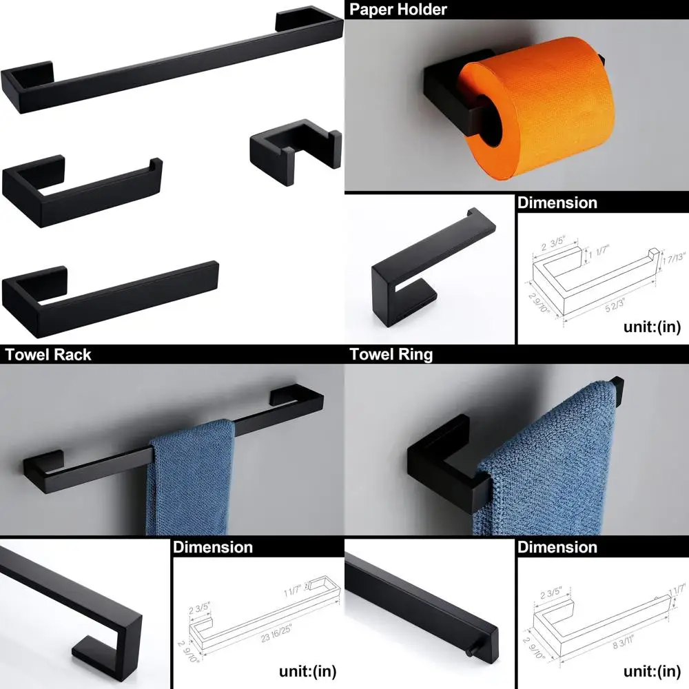 

4-Piece Matte Black Stainless Steel Bathroom Hardware Set, Wall-Mounted Towel Bar Rack, Heavy-Duty Square Accessory Fixture