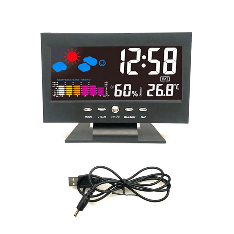 AA08-1Set Schermo LCD a colori Sveglia snooze digitale Stazione previsioni meteo in plastica