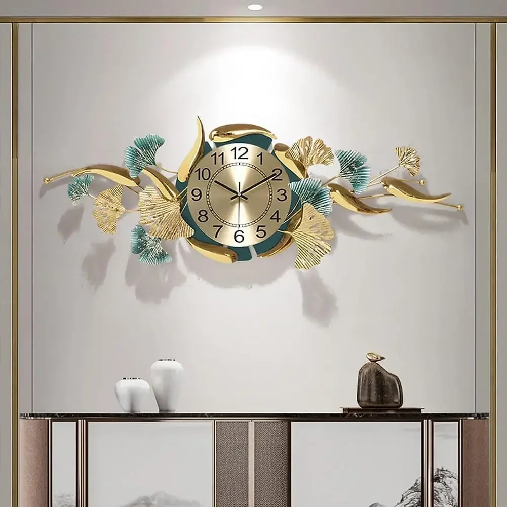 Modern Large Silent 3D Metal Wall Clock Creative Ginkgo Leaf Metal Wall Clocks Luxury Art Dial Living Room Home Porch Decoration