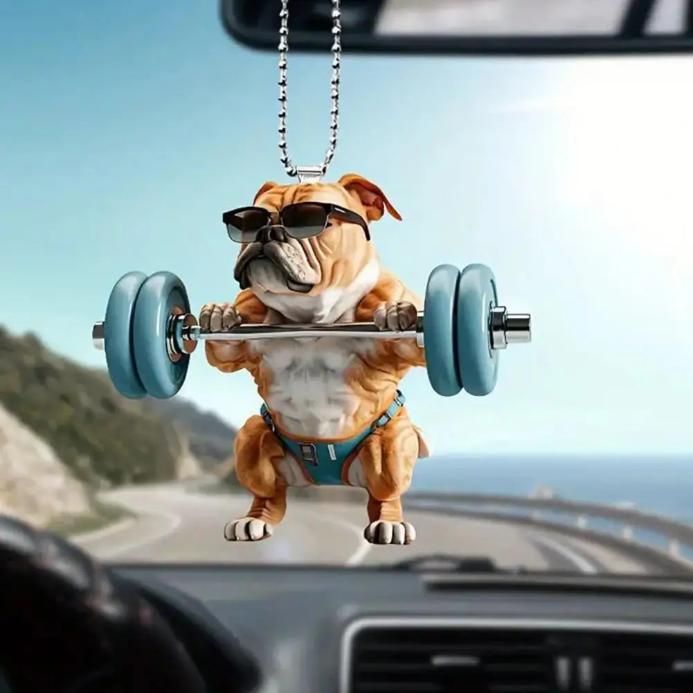 Cute Dog Weightlifting Dumbbell Pendants Acrylic Novelty Bag Charm Christmas Tree Car Mirror Decor Gift for Animal Lover Drivers