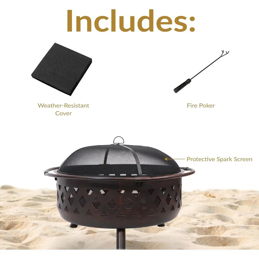 حفرة نار برونزية متقاطعة مقاس 36 بوصة لحرق الخشب في الهواء الطلق مع شاشة شرارة، بوكر، وغطاء دائري #3