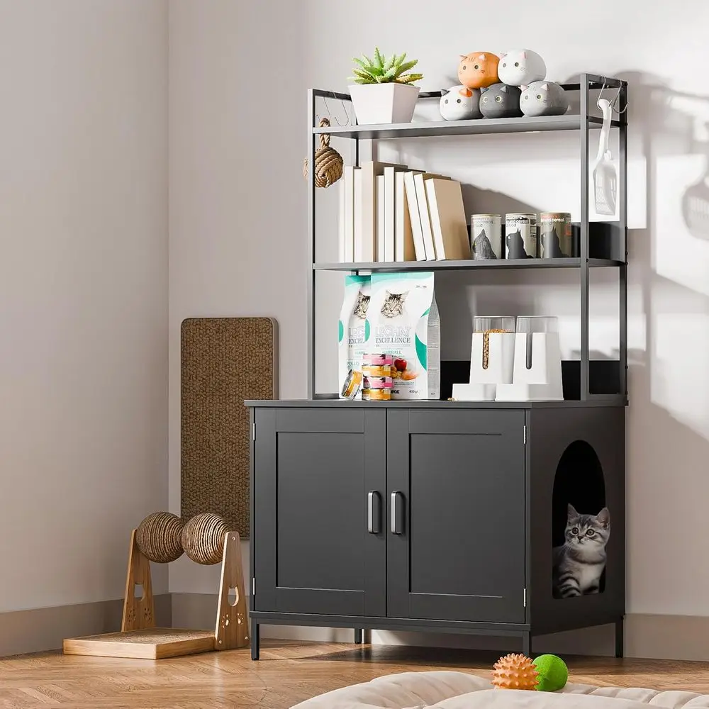 57 Large Cat Litter Box Furniture with Cabinet, Shelves, and Hooks, Concealed Pet Washroom, Black