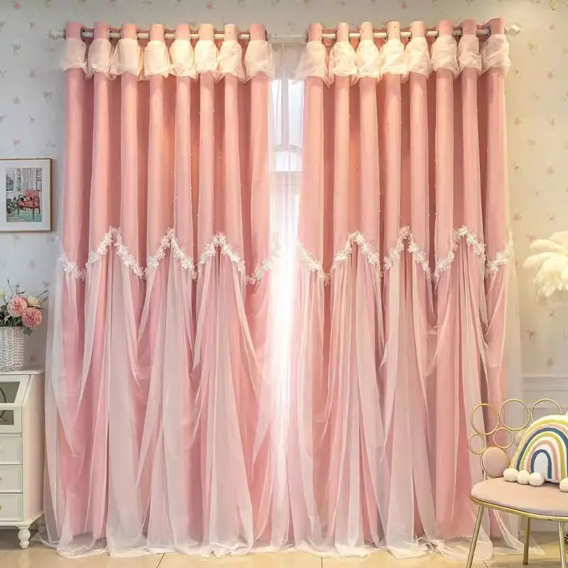 2pcs French Luxury Curtains Princess Style Girls Bedroom Double Layer Cloth Yarn Shading Living Room Window Curtain Decoration