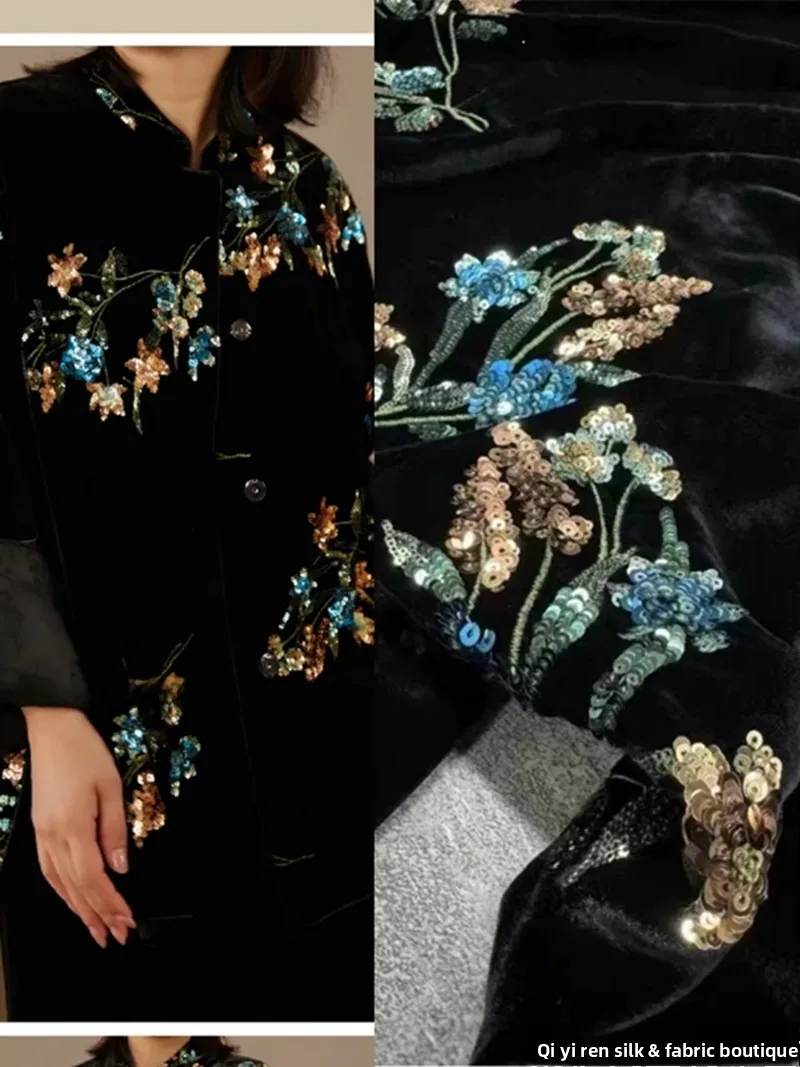 

New Spring 2025 Heavy Embroidered Silk Velvet Fabric New Chinese Sle Gold Silk Velvet Clothing Silk Fabric Home Sp...