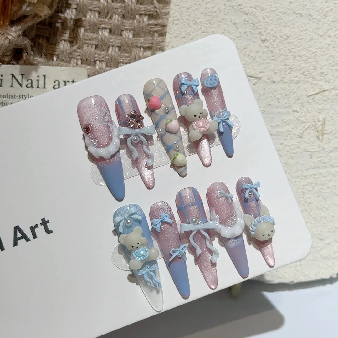 10 pièces à la main longue ovale presse sur ongles avec ours mignon bleu arc conception faux ongles portable filles douces brillant oeil de chat faux ongles