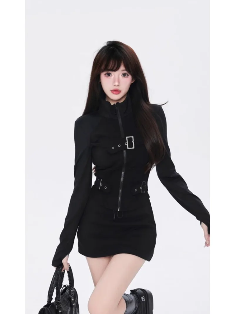 Spicy Girl Fashion Motorcycle Top Hip Wrap Skirt Two-piece Set Women Stand Collar Zipper Solid Cool Slim Autumn Casual Lady Wear