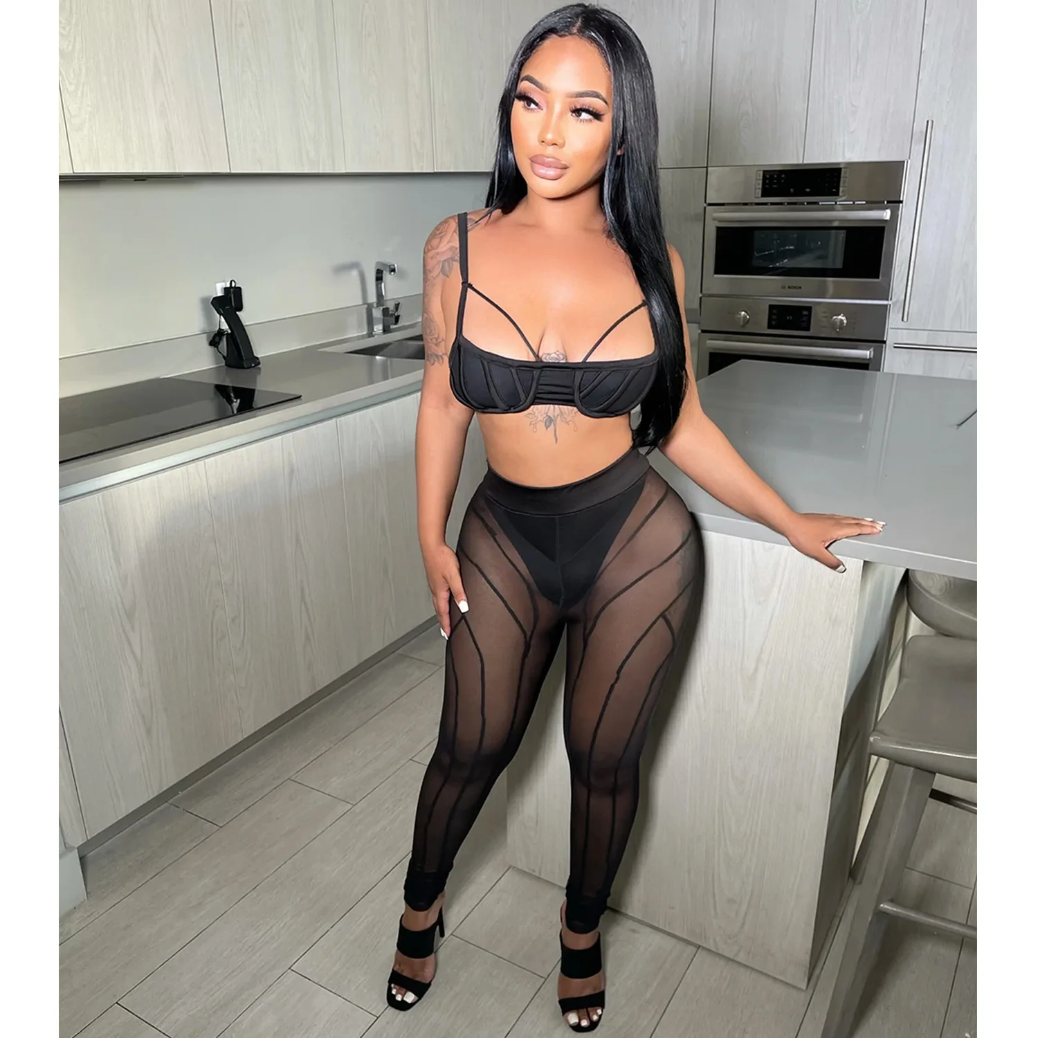 

Off Shoulder Shoulder Hollow Out Two Piece Set Solid Color Street Sleeveless Crop Top Pants Set Mesh Patchwork Club Bandage Set