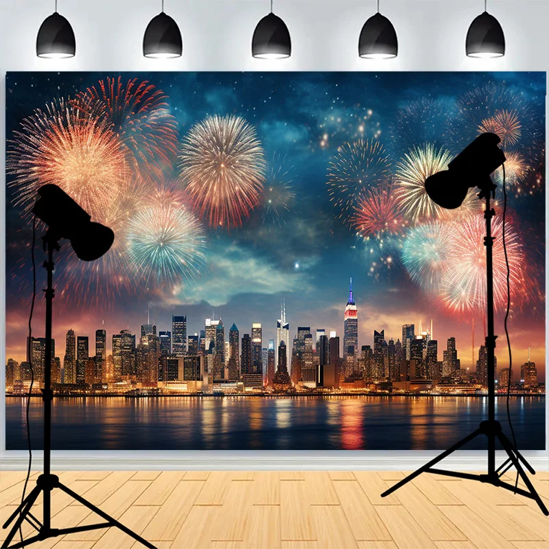 

City Skyline Fireworks Night Photography Backdrops Christmas Wreath Window Living Room New Year Photo Studio Background XH-60