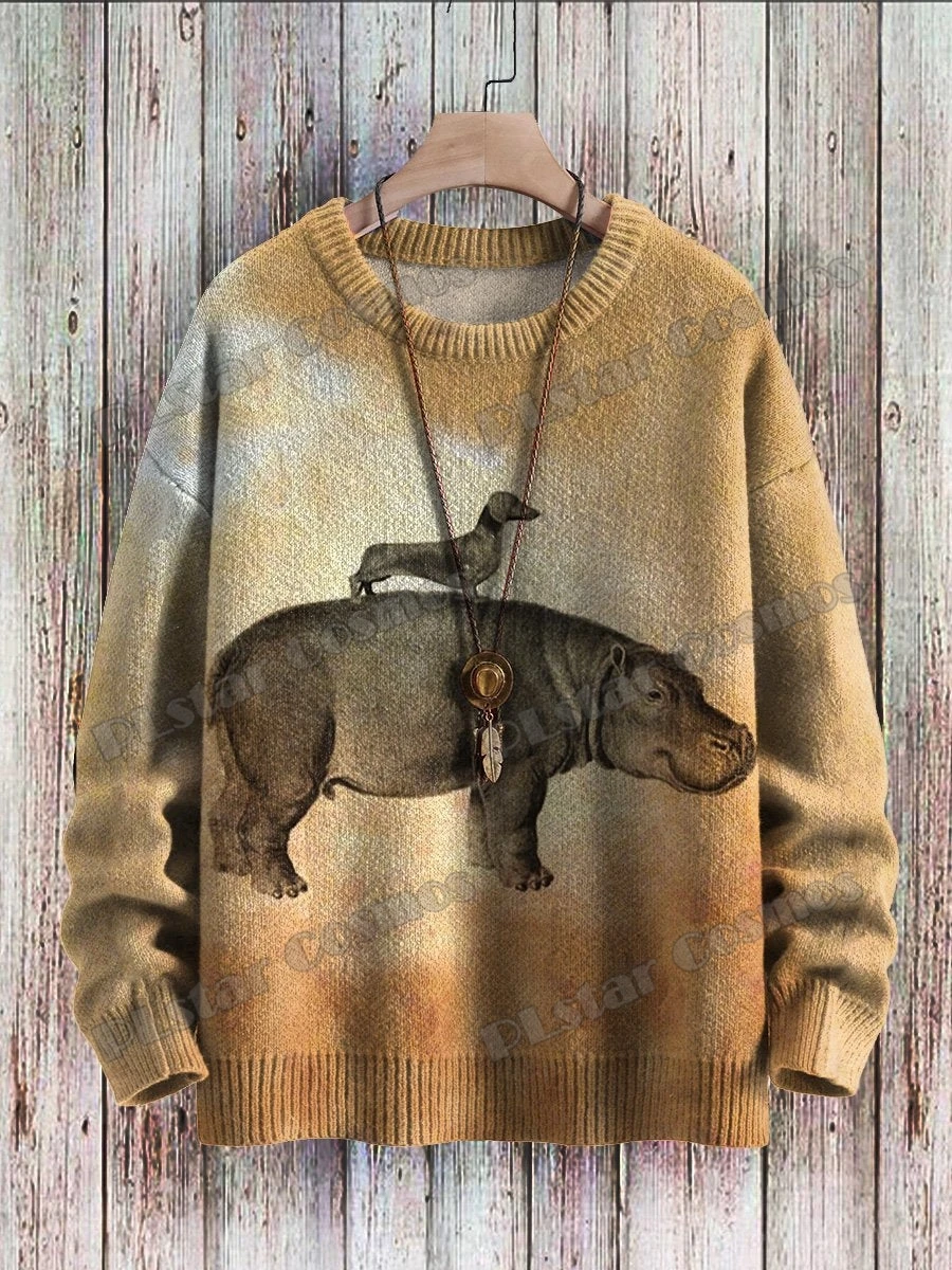 Halloween Vintage Ghost & Chief Hat Graphic 3D Printed Men's Knitted Pullover Winter Unisex Casual Knit Pullover Sweater ZZM64