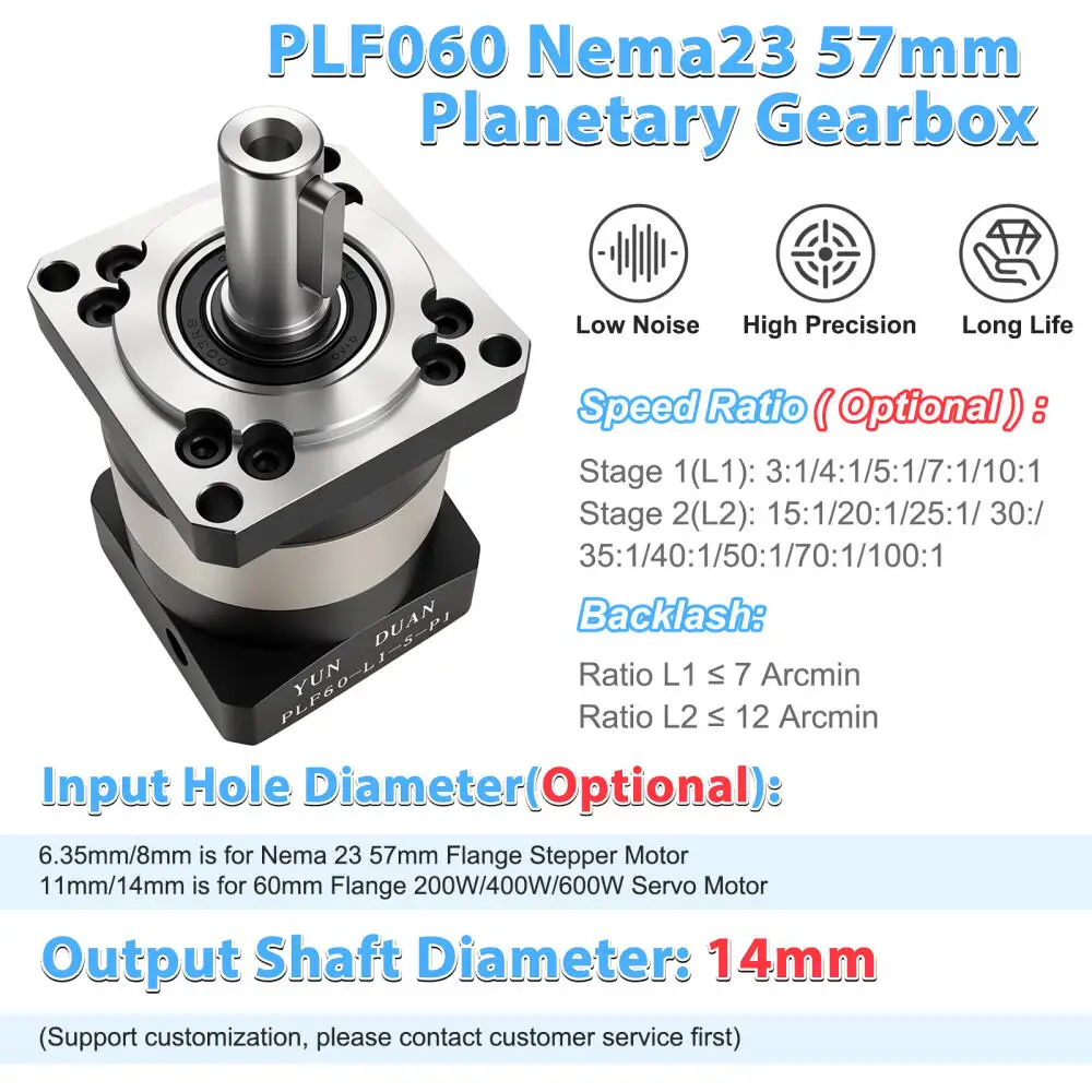 Planetary Reducer Gearbox 7arcmin 6.35/8/11/14mm Input For Nema23 57mm Flange Stepper Motor/200W 400W 600W 60mm Servo Motor