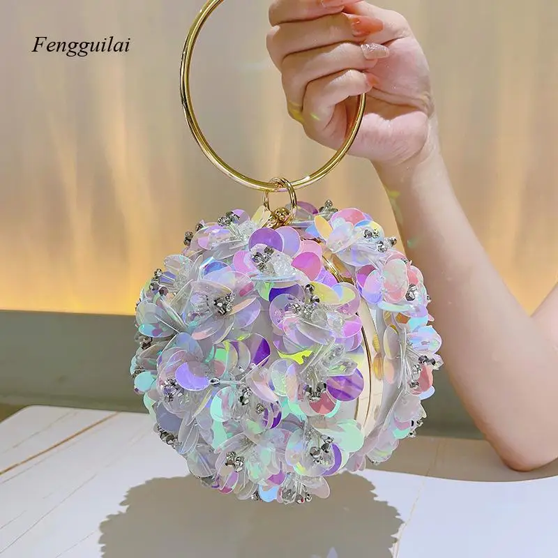 

Women's Iridescent Ball Purse with Gold Ring Handle for Prom & Red Carpet Trendy Sparkling Sequin Sphere Clutch
