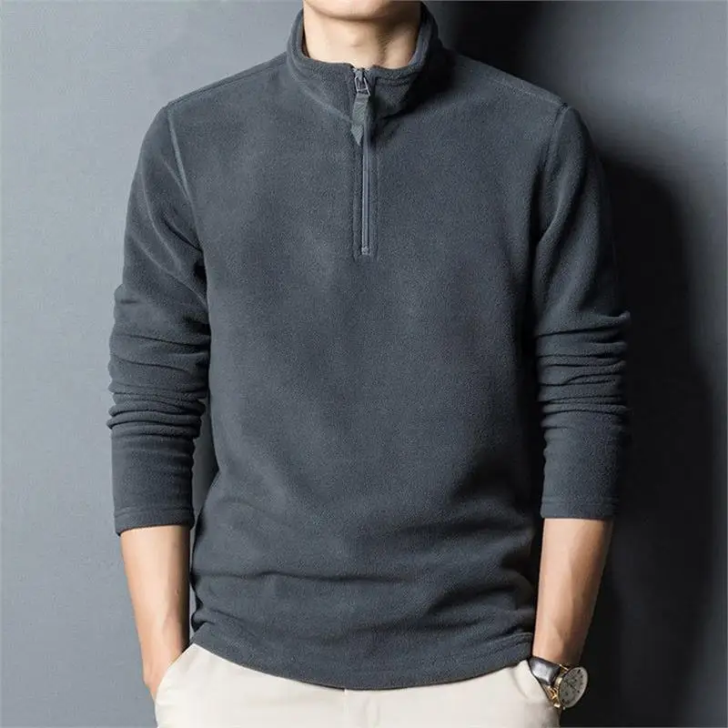 Men's Double-Sided Fleece Hoodie Zip-Up Slim Fit Casual Shirt Warm Polyester Long Sleeve Stand Collar Base Layer Top