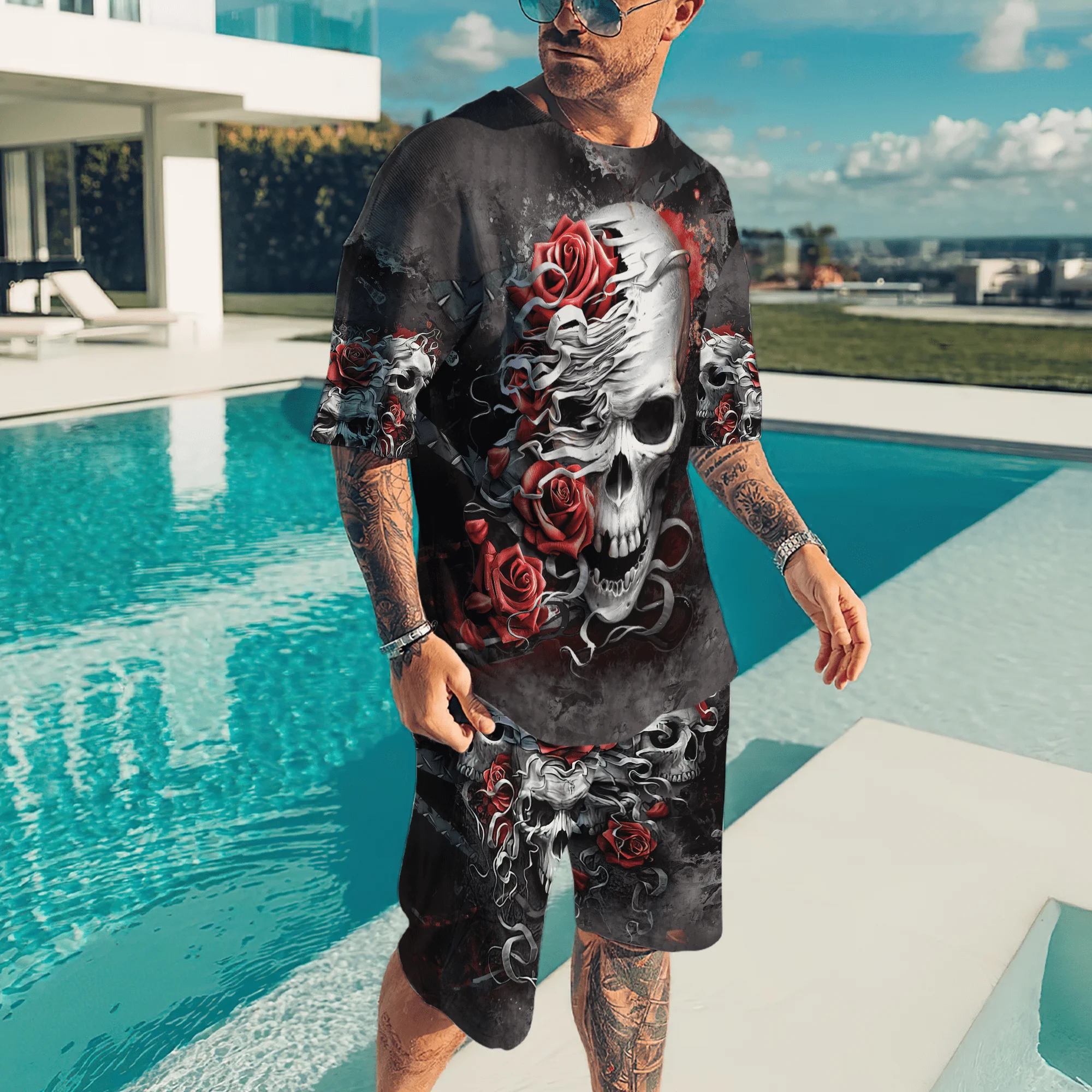 

Reaper Skull and Rose Tattoo 3D All Over Printed Men's Set T-Shirt & Shorts Combo Unisex summer style Casual t shirt LMTZ13