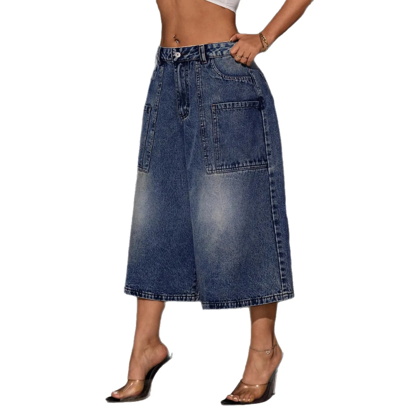 Women's Y2K Vintage Casual Loose Fit Mid Waist Cotton Capri Length Relaxed Fit Solid Color Faded Distressed Washed Jeans