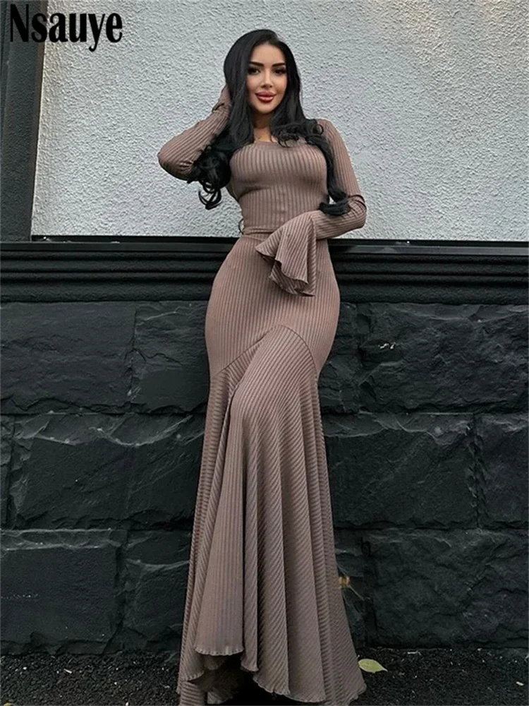 Nsauye Chic Fashion Women Long Sleeve Maxi Bodycon Ribber Knitted Elegant Dress 2024 Winter Party Night Club Casual Dress Outfit