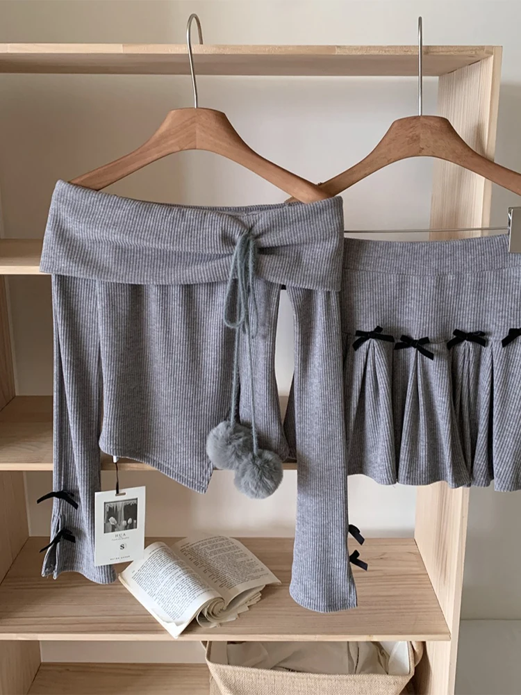 Women\'s Grey Skirt Sets 90s Vintage Long Sleeve T-shirt with A-Line Mini Skirts Y2k Elegant Two Piece Suit 2000s Clothes 2024