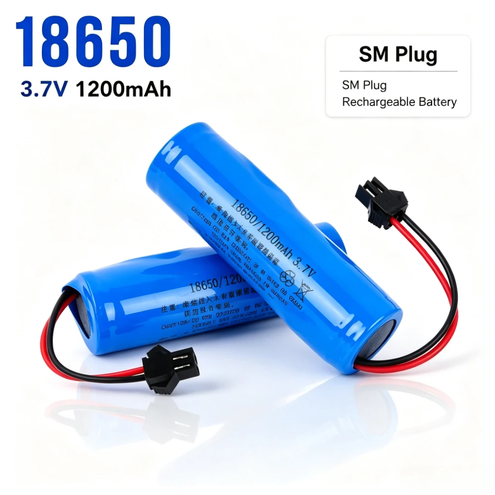 3.7V 1200mAh 18650 Rechargeable Lithium Battery with SM Plug For Toy Car Bubble Machine Electric Toy With protective board