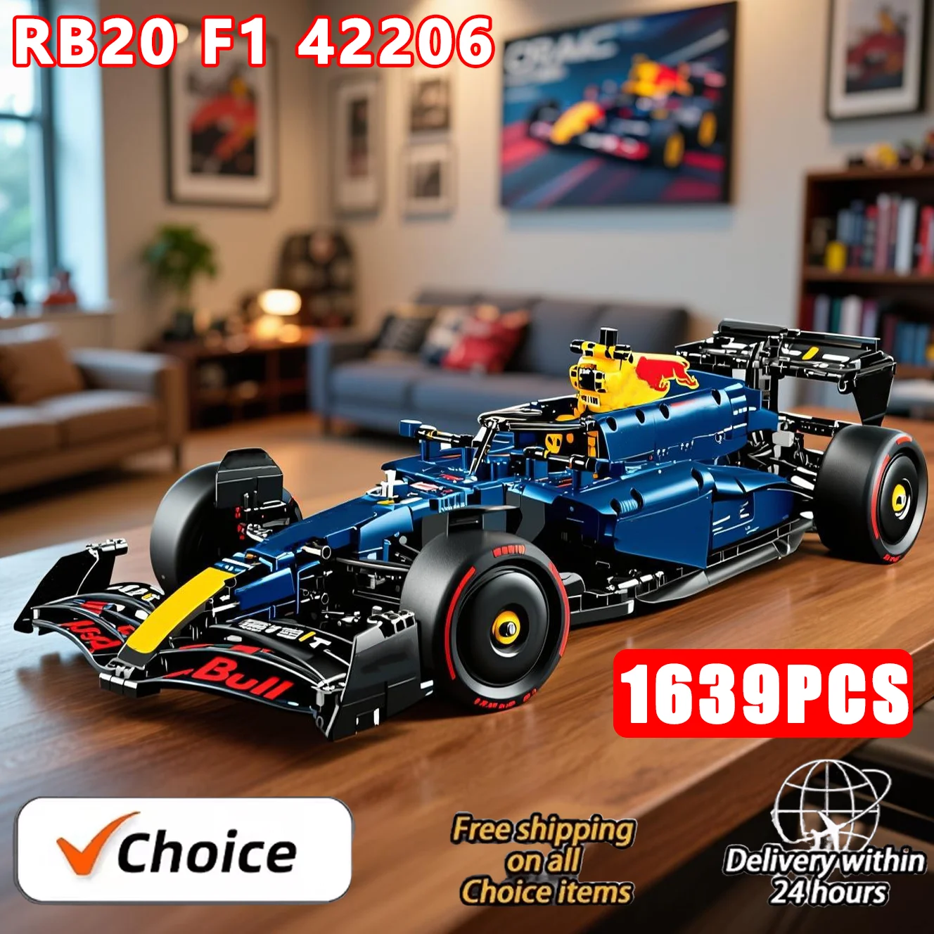 سيارة سباق RB20 F1 التقنية 1639 قطعة 42206 مجموعة بناء مقياس 1:8 مجموعة قابلة للتجميع نموذج عرض مفصل بأصالة ديكور