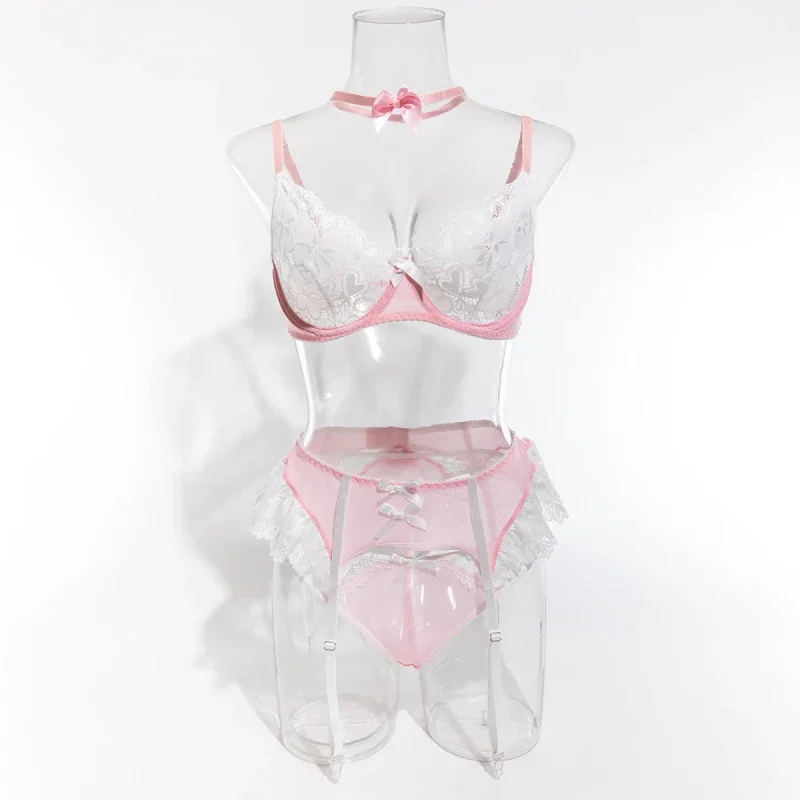 Bikini fashion sexy lace see-through contrast color patchwork maid lingerie set with stockings
