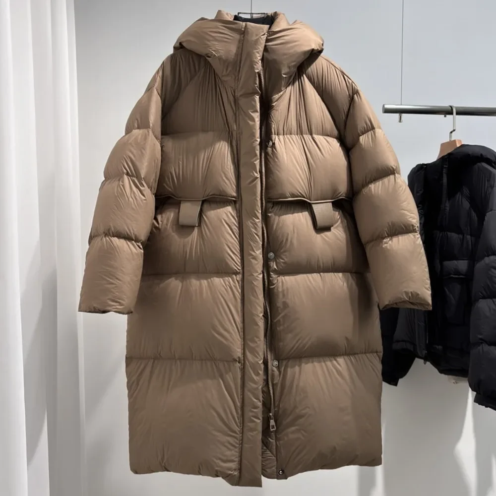 Abrigo largo de plumón de pato blanco a la moda para mujer, ropa de otoño e invierno con capucha, chaqueta acolchada gruesa y cálida para mujer 2025