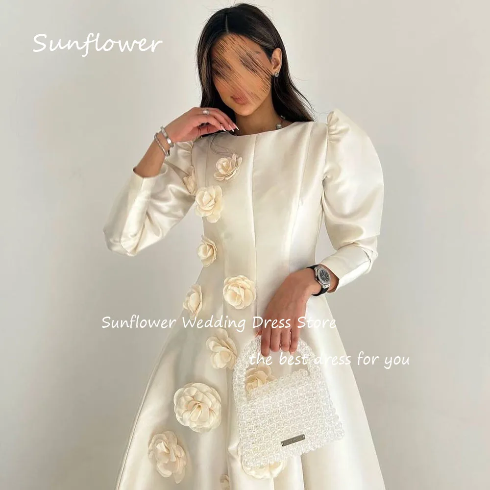 Sunflower Simple Ivory O-Neck 3D Flowers A-LINE Prom dress 2024 Slim Long Sleeve Ankle-Length Formal Evening Dress