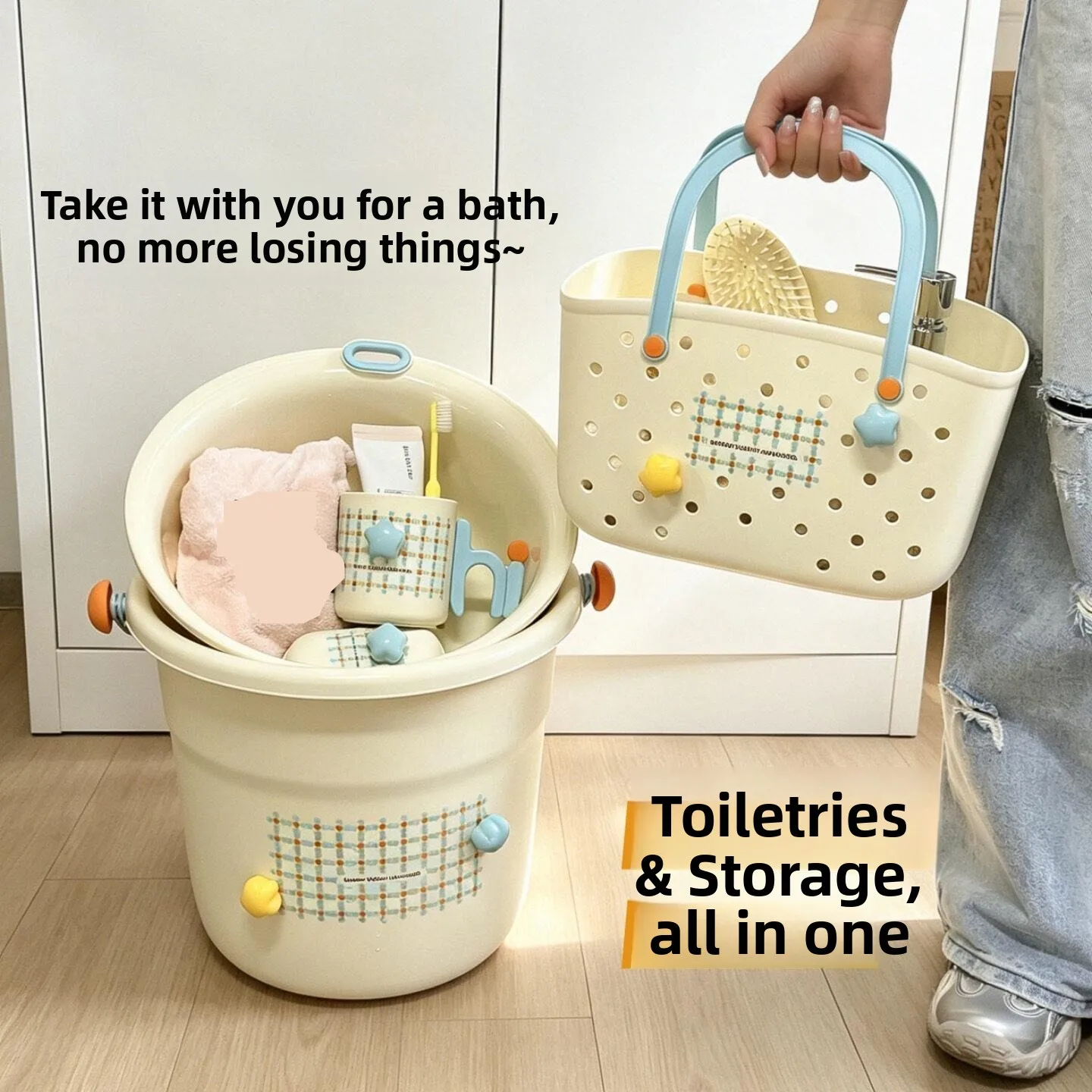 Student Dormitory Wash Basin Set Handheld Laundry Bucket Mouth Rinse Cup Bath Basket Foldable Water Bucket Household Cleaning...