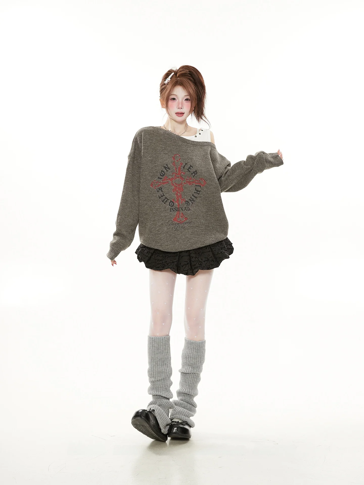 

Женский вязаный свитер-обманка в стиле Spicy Girl, весна-осень, американский ретро-стиль, асимметричный дизайн, с открытыми плечами