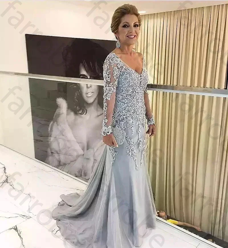 Customized Mermaid Mother Bride Dress Long Sleeve Beaded Tulle Satin Groom Mother Dress Plus Size Wedding Party Guest Gown