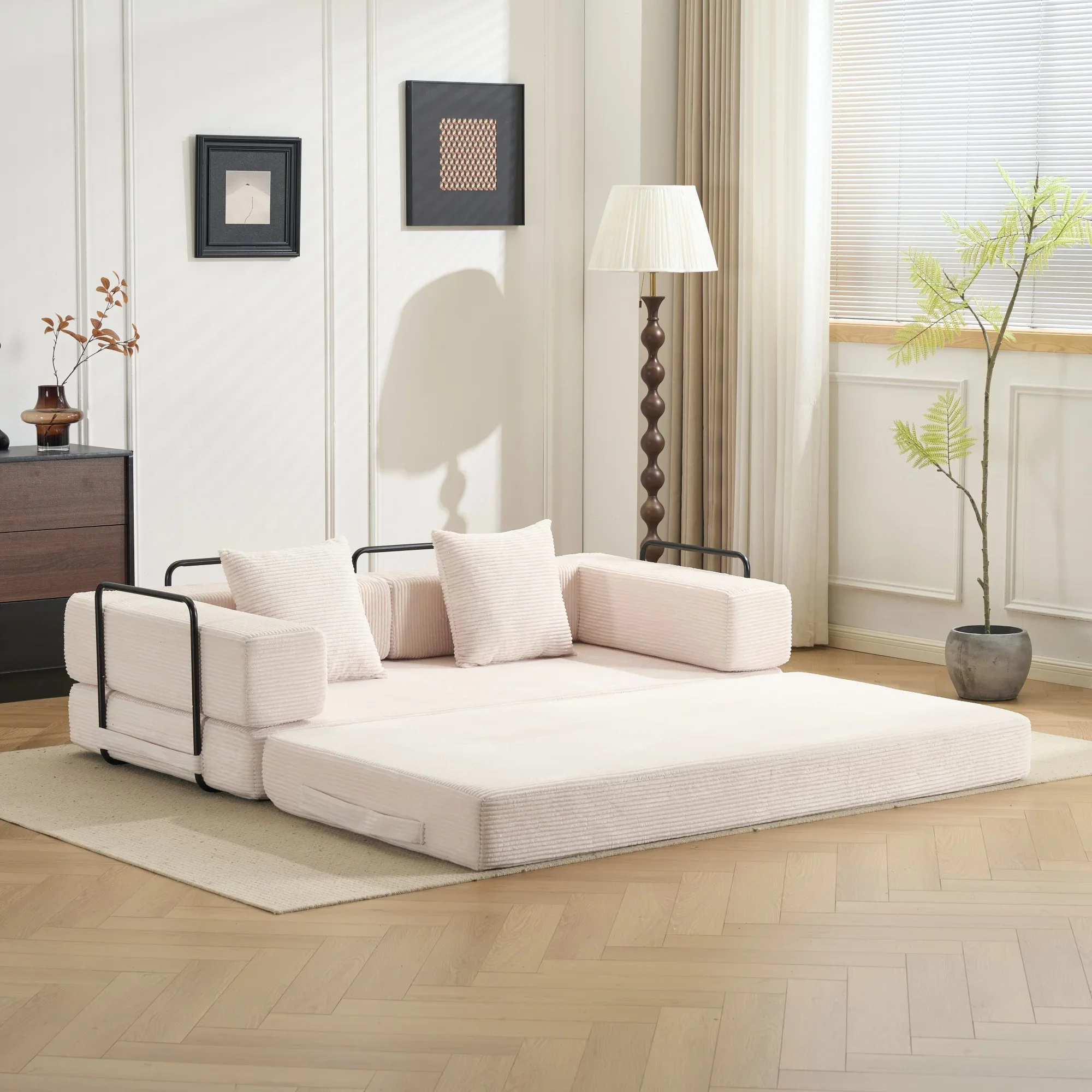 Divano letto pieghevole in velluto a coste bianco, divano futon trasformabile da pavimento, divano comodo in schiuma ad alta densità, materasso multifunzionale per ospiti, facile da montare, ideale