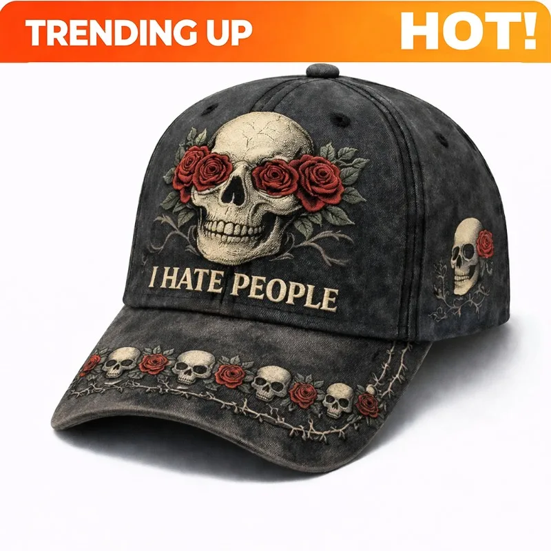 Customization Edgy I Hate People Skull Rose Themed Cap | High Collectible Worth, Punk Style, Polyethylene And