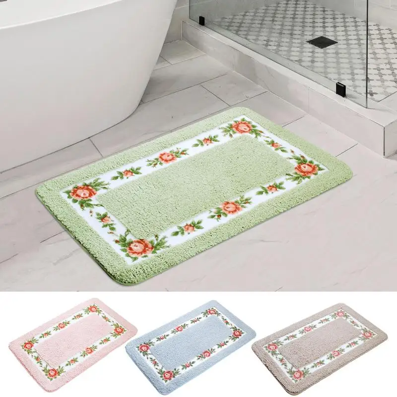 Floral Bathroom Rug Durable Fiber Rose Flower Area Rugs Toilet Floor Rugs Anti Slip Pretty Floral Rural Style Toilet Cover Mat