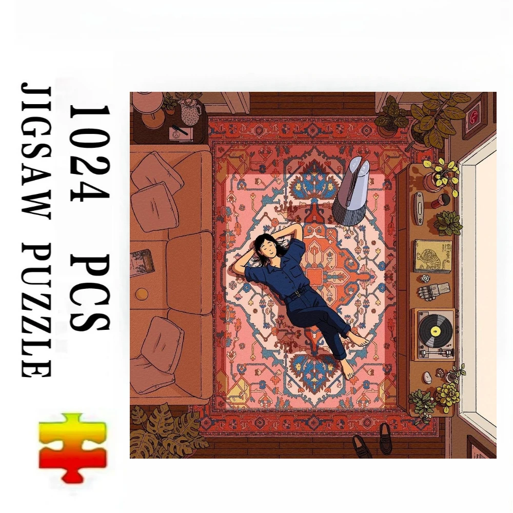 Woman Relaxing on Rug Jigsaw Puzzles 500PCS/1024 PCS Wall Decor for Living Room Bedroom Perfect Gift No Frame