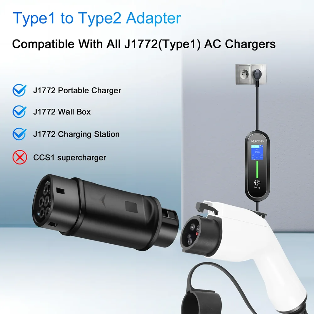 Teschev EVSE Adaptor 16A 32A Electric Vehicle Car EV Charger Connector SAE J1772 Socket Type 1 To Type 2 EV Adapter Socket