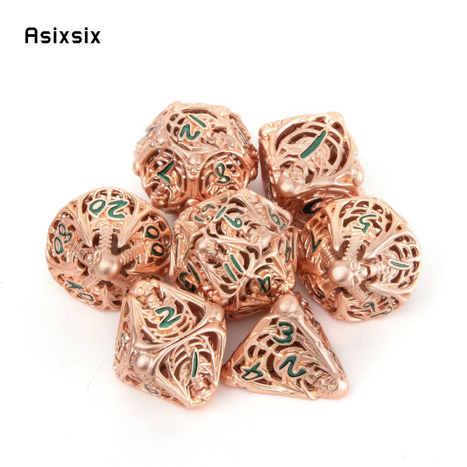 

7 Pcs Golden Green Skull Metal Dice Hollow Metal Polyhedral Dice Set Suitable for Role-Playing RPG Board Game Card Game