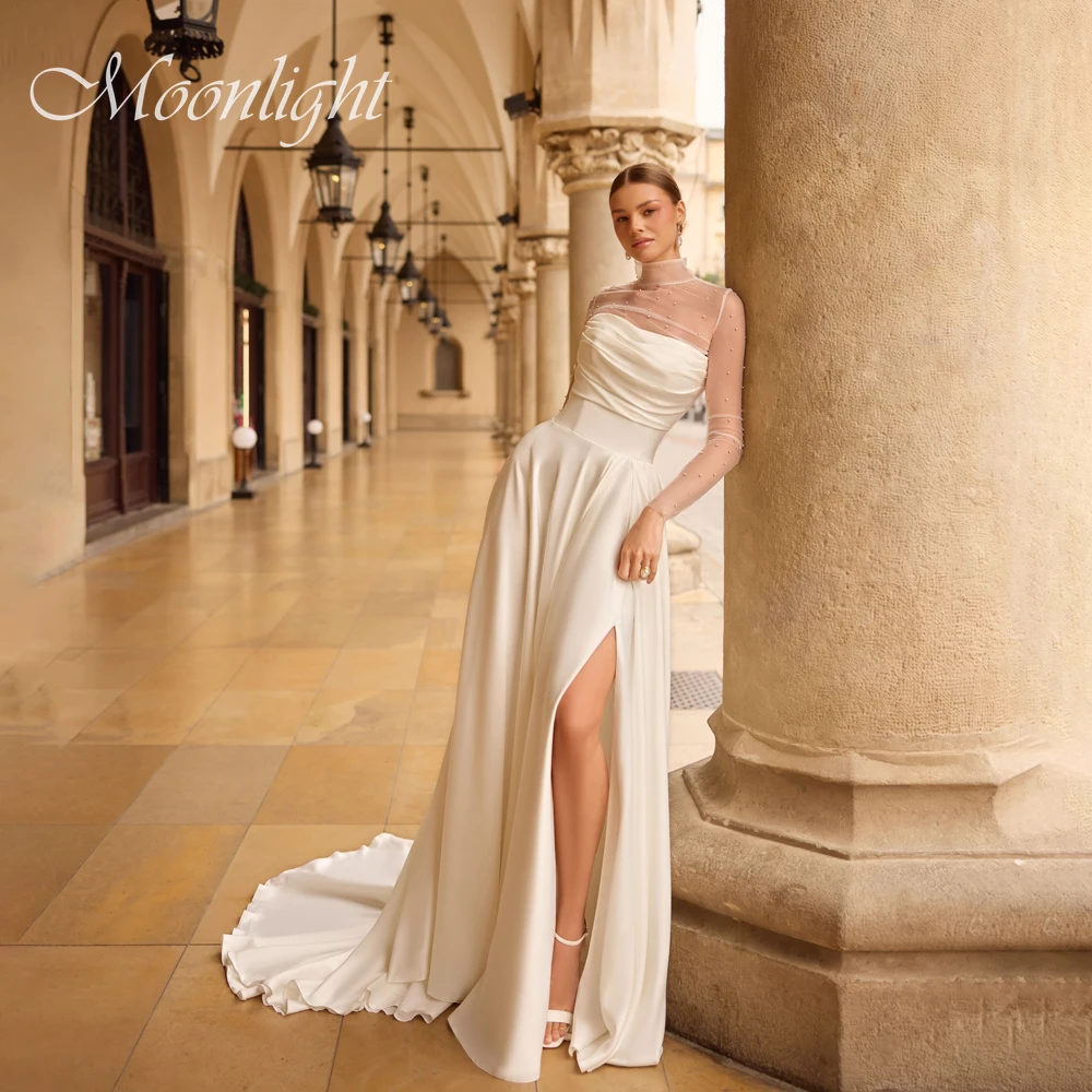Vestido De Novia moderno De manga larga, corte en A, cuello alto, perlas, plisado, abertura lateral, ilusión en la espalda, Vestido De Novia personalizado