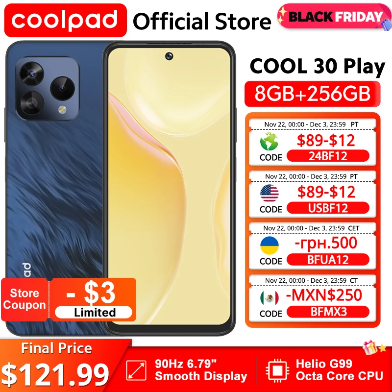 Coolpad COOL 30 Play الهاتف الذكي NFC 6.79 بوصة HD + 90 هرتز شاشة ثقب 64 ميجابكسل كاميرا ثلاثية فائقة الوضوح معالج Helio G99 5000 مللي أمبير في الساعة