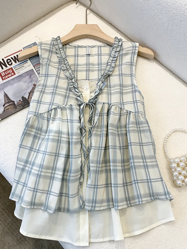 

Летняя клетчатая рубашка больших размеров с завязками, без рукавов, универсальная, стройнящая, свободного кроя, топ для женщин, дышащая, с коротким рукавом