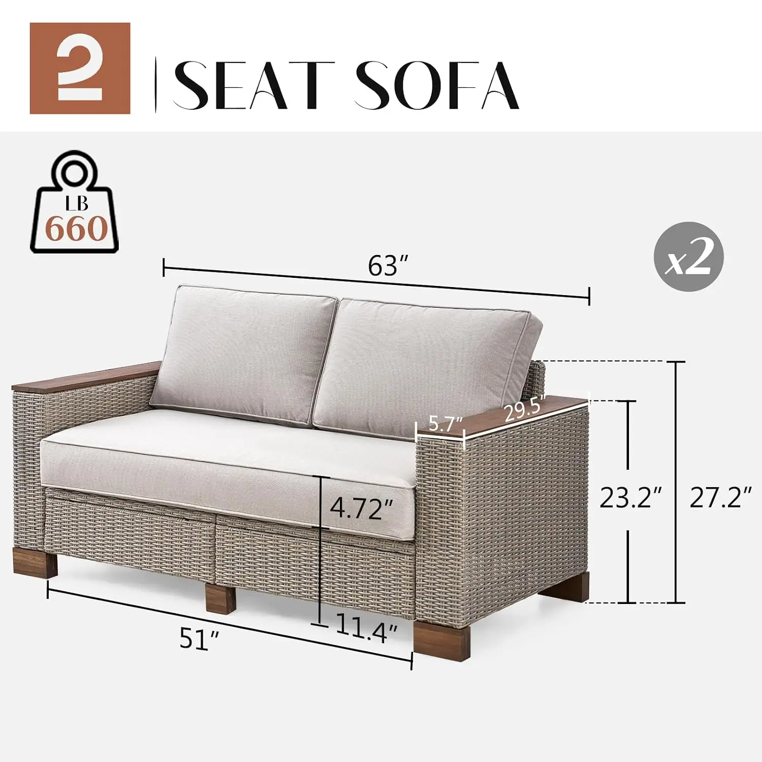 All-Weather Wicker Patio Sofa Set With Wood Armrests & Legs, Cushioned Outdoor Sectional For Backyard Porch Garden, Customized