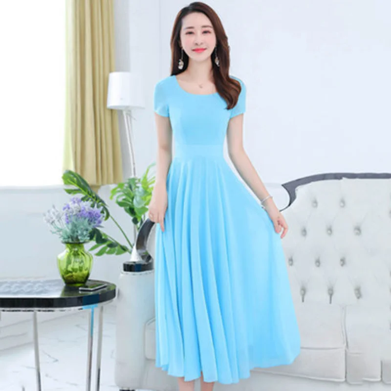 Temperament Solid Color All-match Elegant Dress Summer New Women Clothing Short Sleeve Thin Chiffon Loose Midi Dress Fashion