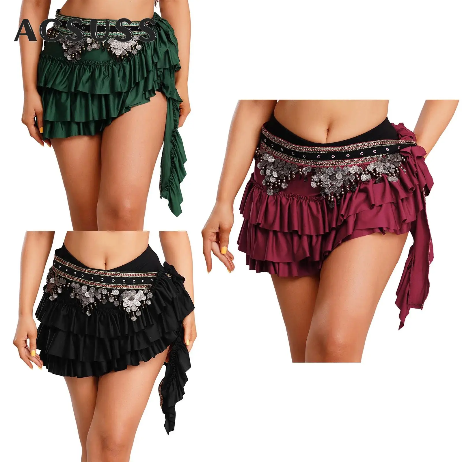 

Женская этническая юбка-шарф для танца живота в стиле ретро с цепочкой на талии и рюшами на шнуровке на бедрах, восточные индийские танцы, румба, латинские юбки