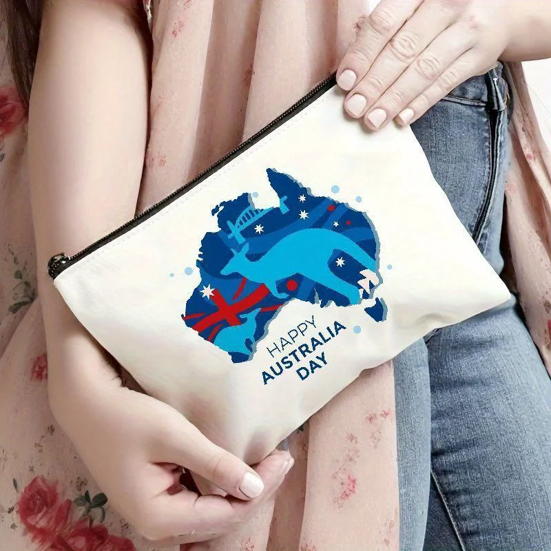 Happy Australia Day Makeup Organizer Pouch with Kangaroo & Map Design, Lightweight Zippered Storage Bag for Cosmeti