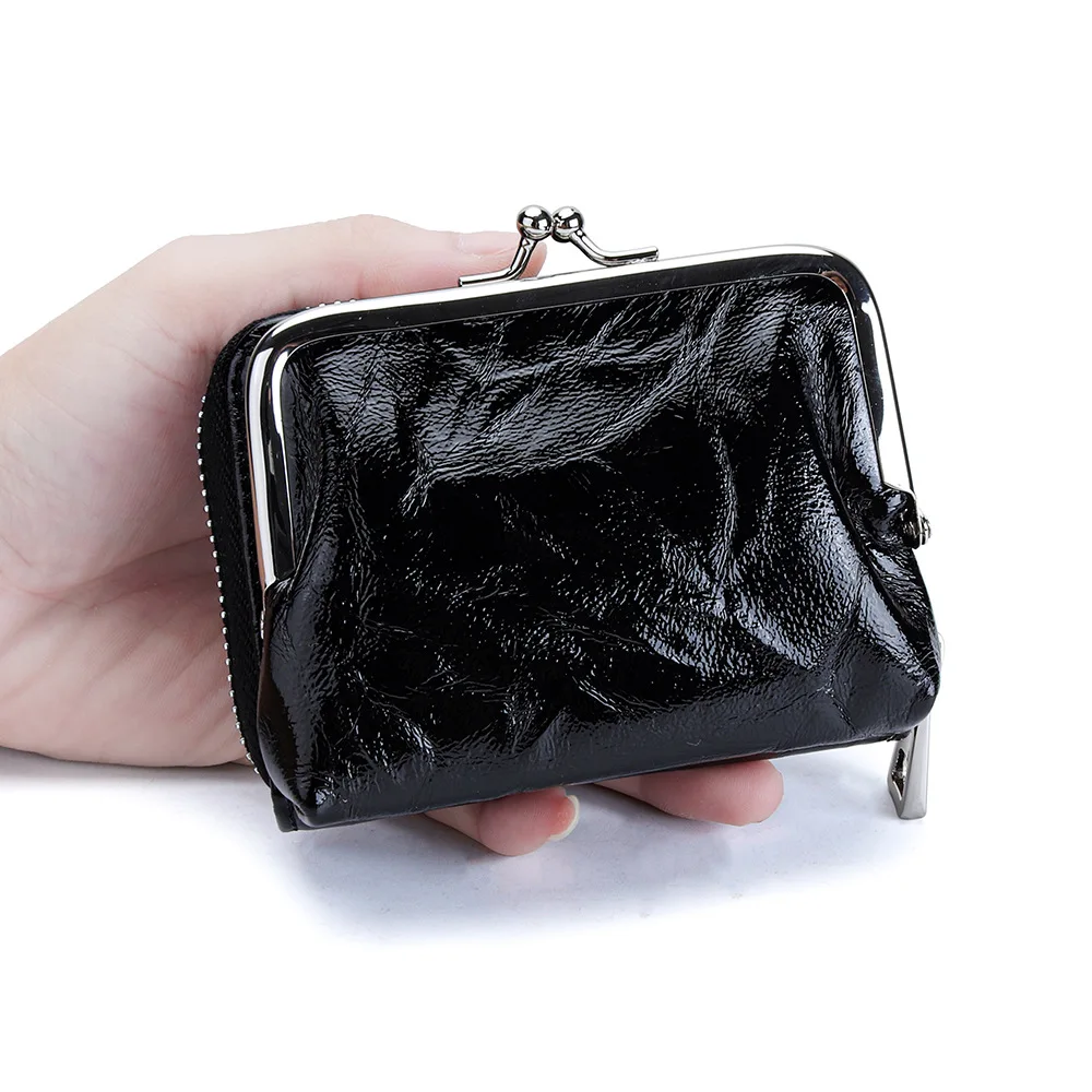 Pocket-Sized Genuine Leather Crinkled Kiss-Lock Wallet 2-in-1 Women's Lipstick Coins Cards Organizer Stylish Small Bag for Women