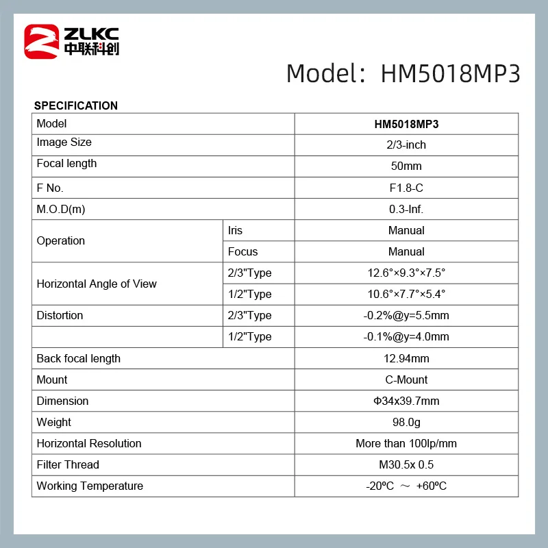 ZLKC 3MP Camera 50mm Optice Lens 2/3'' C Mount Camera Machine Vision F1.8 Manual Iris for Industrial Inspection Cameras Lenses