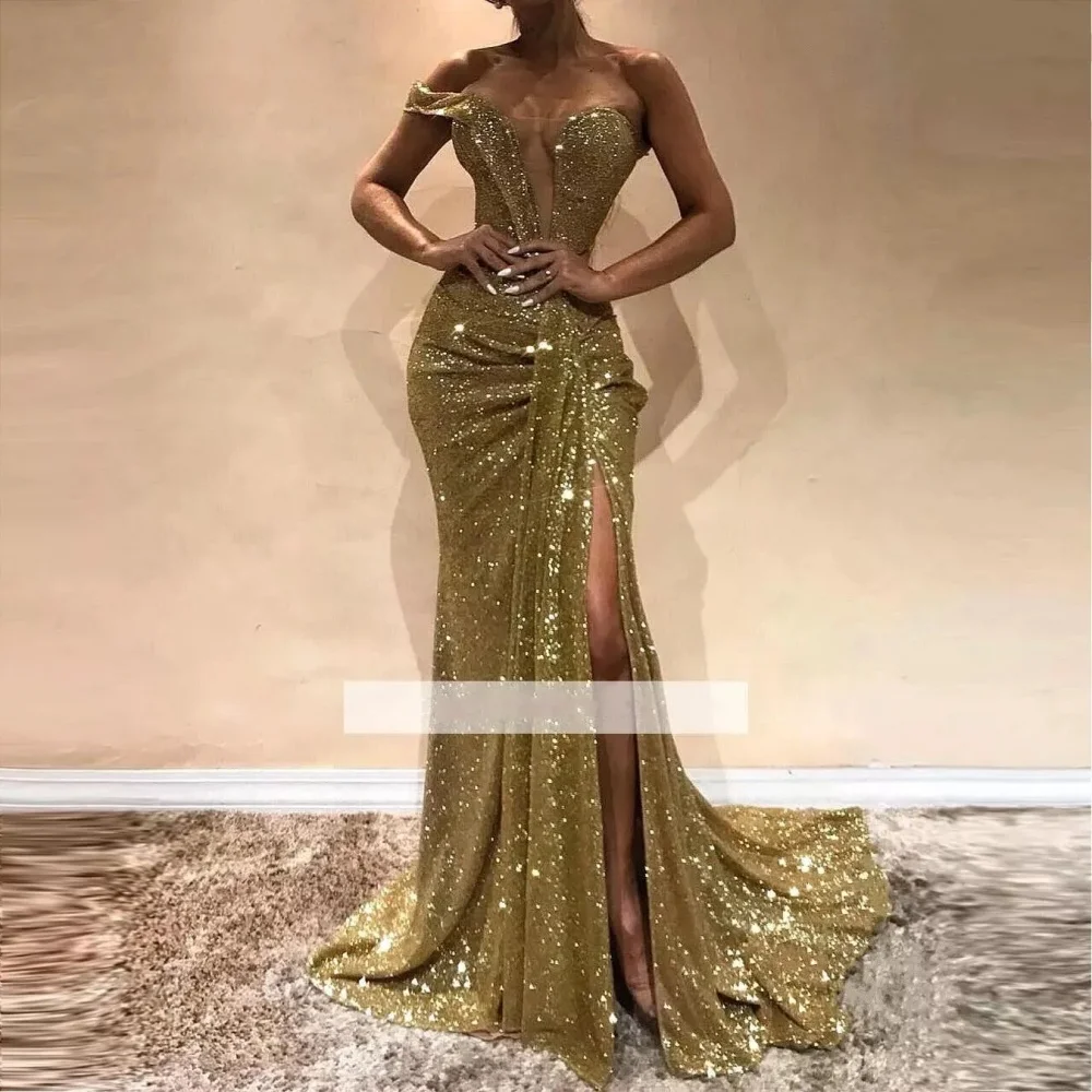 

Sexy Gold Chic Mermaid Ballgown See Through Sweetheart Slit High Back Backless Evening Gown Formal Occasions Special Occasions