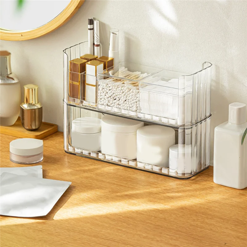 Organizador de vaidade transparente, bandeja de armazenamento de maquiagem empilhável, estojo de exibição de cosméticos, organizadores de maquiagem para vaidade, sob medida, fácil de u