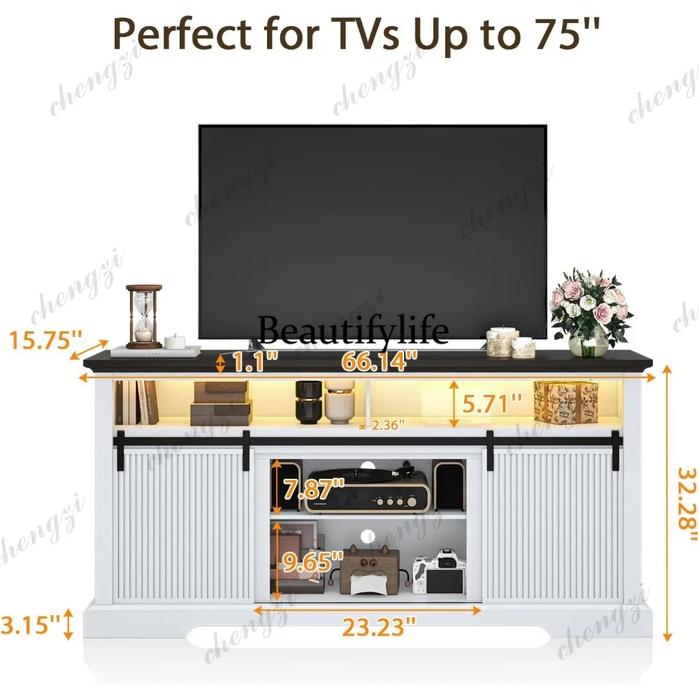 75 Inch TV Stands with 32 Inches High Entertainment Center, LED Lighting, Outlets, Sliding Doors